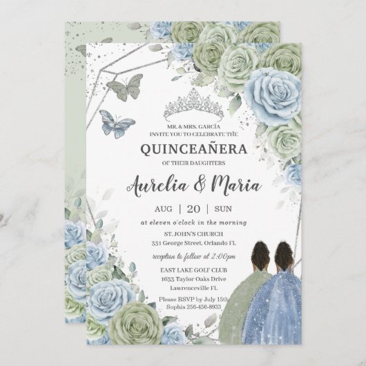 Quinceañera Sage Green Blue Floral Twins Silver Einladung (Vorne/Hinten)