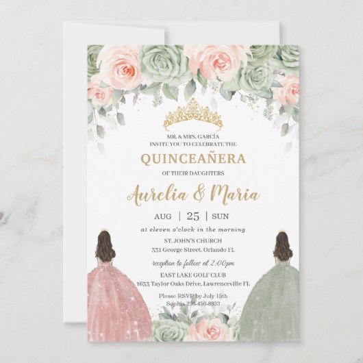 Quinceañera Sage Green Blush Floral Gold Twins Einladung (Vorderseite)