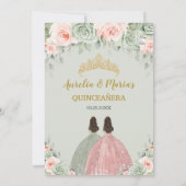 Quinceañera Sage Green Blush Floral Gold Twins Einladung (Rückseite)