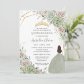 Quinceañera Sage Green Champagne Gold Floral Einladung (Stehend Vorderseite)