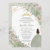 Quinceañera Sage Green Champagne Gold Floral Einladung (Vorne/Hinten)