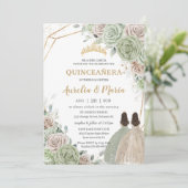 Quinceañera Sage Green Champagne Gold Floral Twins Einladung (Stehend Vorderseite)