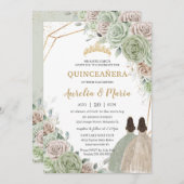 Quinceañera Sage Green Champagne Gold Floral Twins Einladung (Vorne/Hinten)