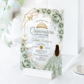 Quinceanera Sage Green Dress Floral Gold Acryleinladungen