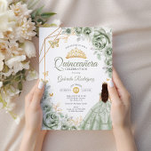 Quinceanera Sage Green Dress Floral Gold Einladung