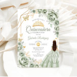 Quinceanera Sage Green Dress Floral Gold Einladung<br><div class="desc">Sage grün,  Gold und Weiß Quinceanera Feier Einladung. Features brünettes Mädchen in Ballkleid,  Skript-Schriftart,  Goldschmetterlinge,  Aquarell grüne Rose und Tiara. Ideal für eine elegante Glasfeier im Prinzessinnstil. Personalisieren Sie Ihre persönlichen Daten. Gedruckte Zazzle Einladungen oder Sofortdownload digitalen druckbaren Vorlage.</div>