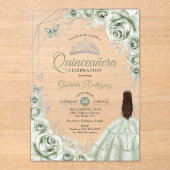 Quinceanera Sage Green Dress Floral Silver Acryleinladungen (Vorderseite)