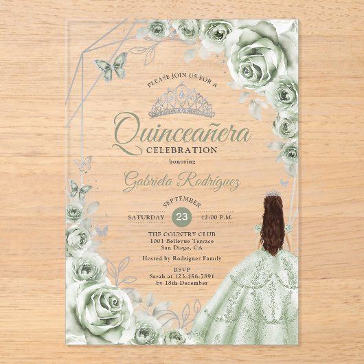 Quinceanera Sage Green Dress Floral Silver Acryleinladungen (Vorderseite)