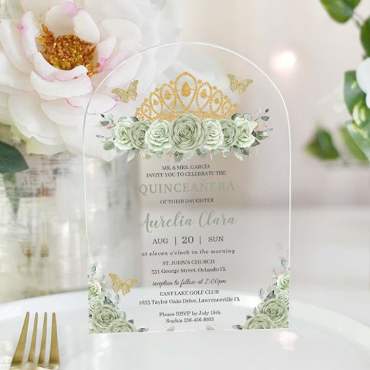 Quinceañera Sage Green Floral Gold Crossfly Butter Acryleinladungen