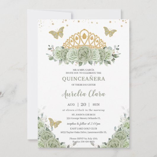 Quinceañera Sage Green Floral Gold Crossfly Butter Einladung (Vorderseite)