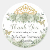 Quinceañera Sage Green Floral Gold Crossfly Butter Runder Aufkleber (Vorderseite)