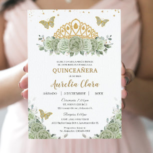Quinceañera Sage Green Floral Gold Crown Español Einladung
