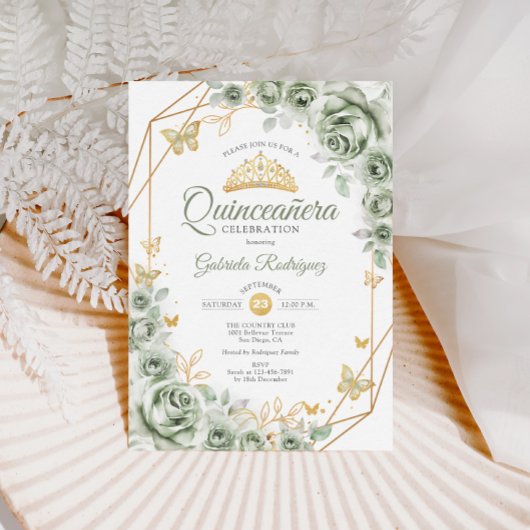 Quinceanera Sage Green Floral Gold Einladung