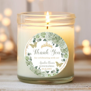 Quinceañera Sage Green Floral Gold Schmetterlinge Runder Aufkleber