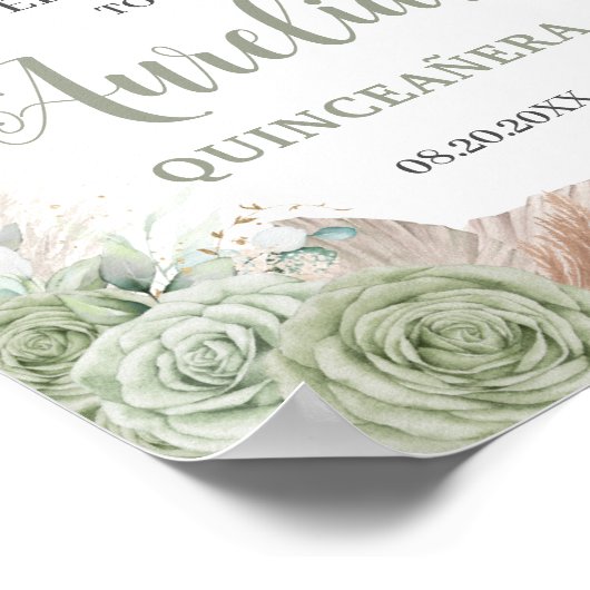 Quinceañera Sage Green Floral Pampas Gras Willkomm Poster (Ecke)