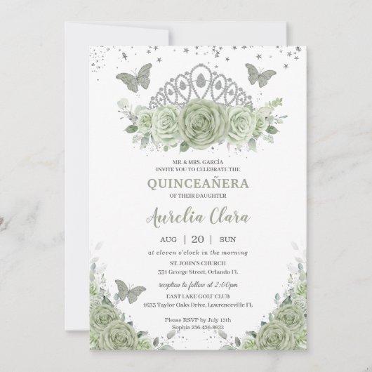 Quinceañera Sage Green Floral Rose Silver Crown Einladung (Vorderseite)