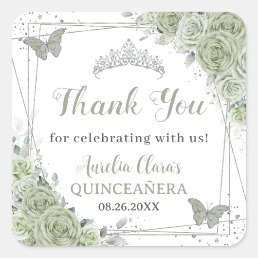 Quinceañera Sage Green Floral Silberschmetterlinge Quadratischer Aufkleber (Vorderseite)