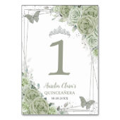 Quinceañera Sage Green Floral Silberschmetterlinge Tischnummer (Vorderseite)