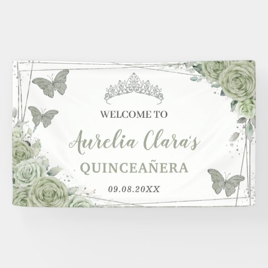 Quinceañera Sage Green Floral Willkommen Hintergru Banner (Horizontal)