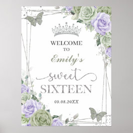 Quinceanera Sage Green Lila Floral Begrüßungszeich Poster