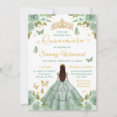 Quinceañera Sage Green Princess Brunette Girl Einladung (Vorderseite)