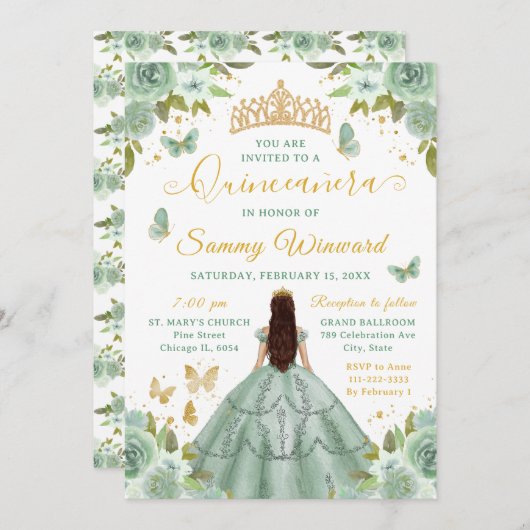 Quinceañera Sage Green Princess Brunette Girl Einladung (Vorne/Hinten)