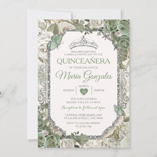 Quinceañera Sage Green & Silver Crown Butterfly Einladung (Vorderseite)
