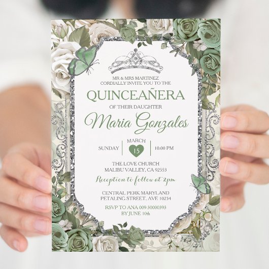 Quinceañera Sage Green & Silver Crown Butterfly Einladung