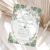 Quinceañera Sage Green & Silver Crown Butterfly Einladung