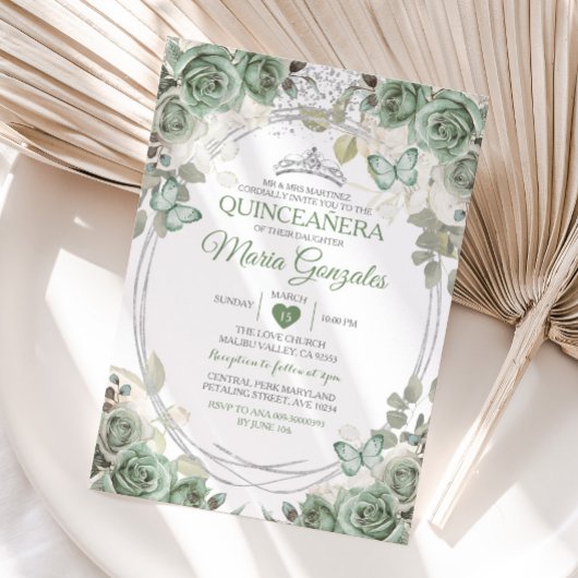 Quinceañera Sage Green & Silver Crown Butterfly Einladung