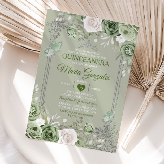 Quinceañera Sage Green Silver Crown Butterfly Einladung