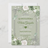 Quinceañera Sage Green Silver Crown Butterfly Einladung (Vorderseite)