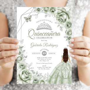 Quinceanera Sage Green Silver Dress Floral Einladung