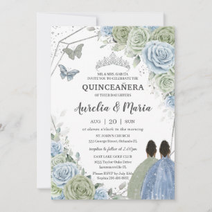 Quinceañera Sage Grün Blau Floral Zwillinge Silber Einladung