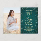 Quinceañera Save the Date 2 Foto Grün und Gold Einladungspostkarte (Vorderseite)