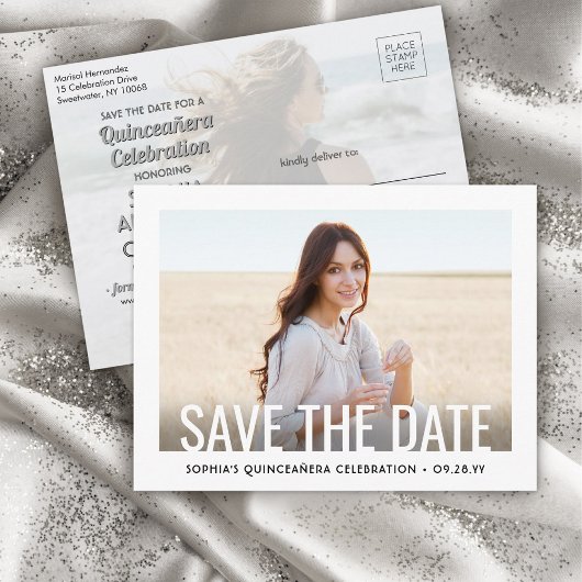 Quinceañera Save the Date 2 Foto Minimalistisch Ankündigungspostkarte