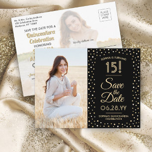 Quinceañera Save the Date 2 Foto Schwarz und Gold Einladungspostkarte