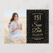 Quinceañera Save the Date 2 Foto Schwarz und Gold Einladungspostkarte (Vorderseite)