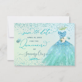 Quinceanera Save the Date Aqua Glitzer Dress Einladung