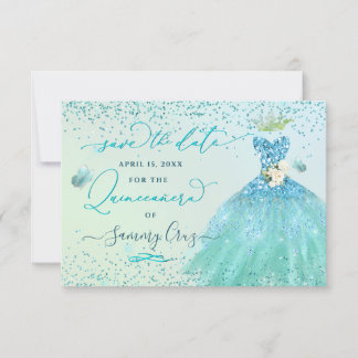 Quinceanera Save the Date Aqua Glitzer Dress Einladung