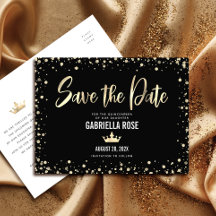 Quinceañera Save the Date Black Gold Glitzer Crown
