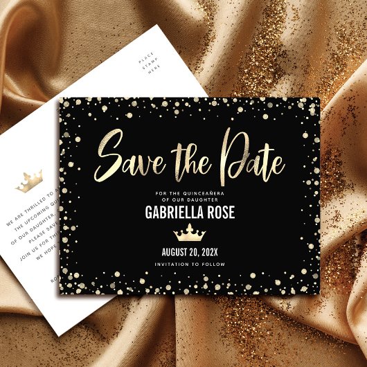 Quinceañera Save the Date Black Gold Glitzer Crown Einladungspostkarte