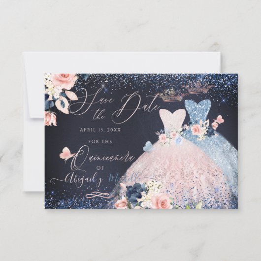 Quinceanera Save the Date Blush Dusty Blue Gowns Einladung (Vorderseite)