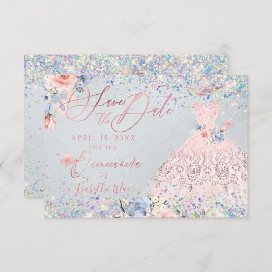 Quinceanera Save the Date Blush Pink Glitzer Gown Einladung (Vorne/Hinten)