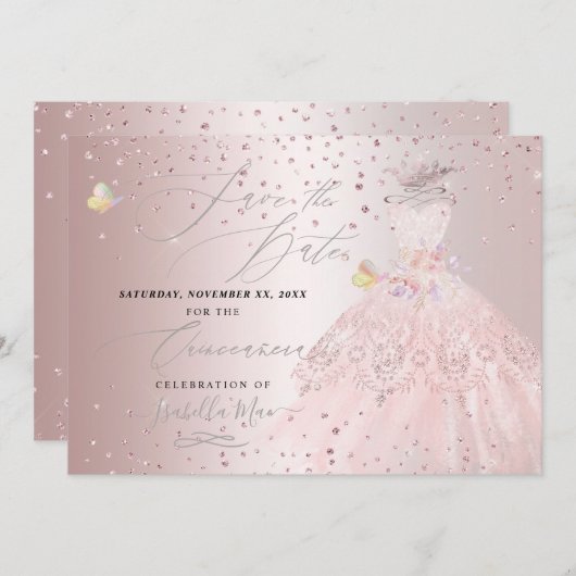 Quinceanera Save the Date Blush Rose Platterbsen Einladung (Vorne/Hinten)