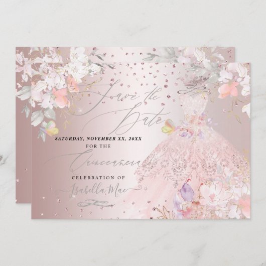 Quinceanera Save the Date Blush Rose Platterbsen Einladung (Vorne/Hinten)