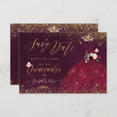 Quinceanera Save the Date Burgund Gown Einladung (Vorne/Hinten)