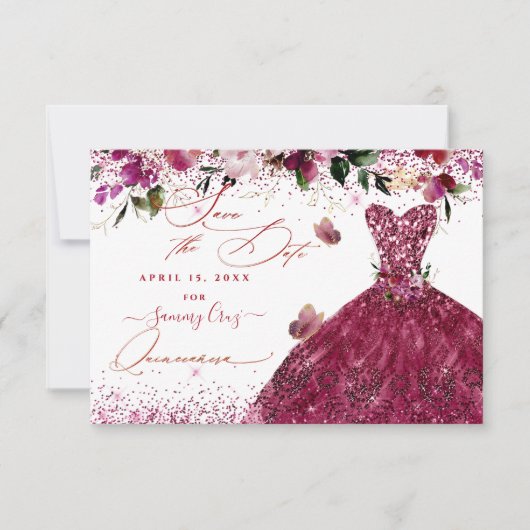Quinceanera Save the Date Cherry Red Dress (Vorderseite)