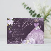 Quinceanera Save the Date Dusty Lila Gown Invit Einladung (Stehend Vorderseite)