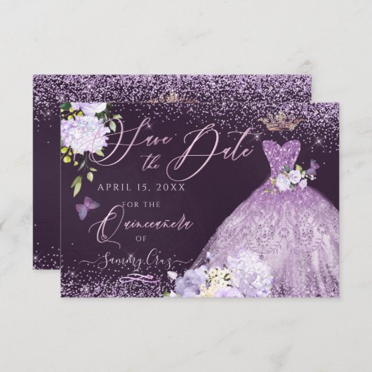Quinceanera Save the Date Dusty Lila Gown Invit Einladung (Vorne/Hinten)